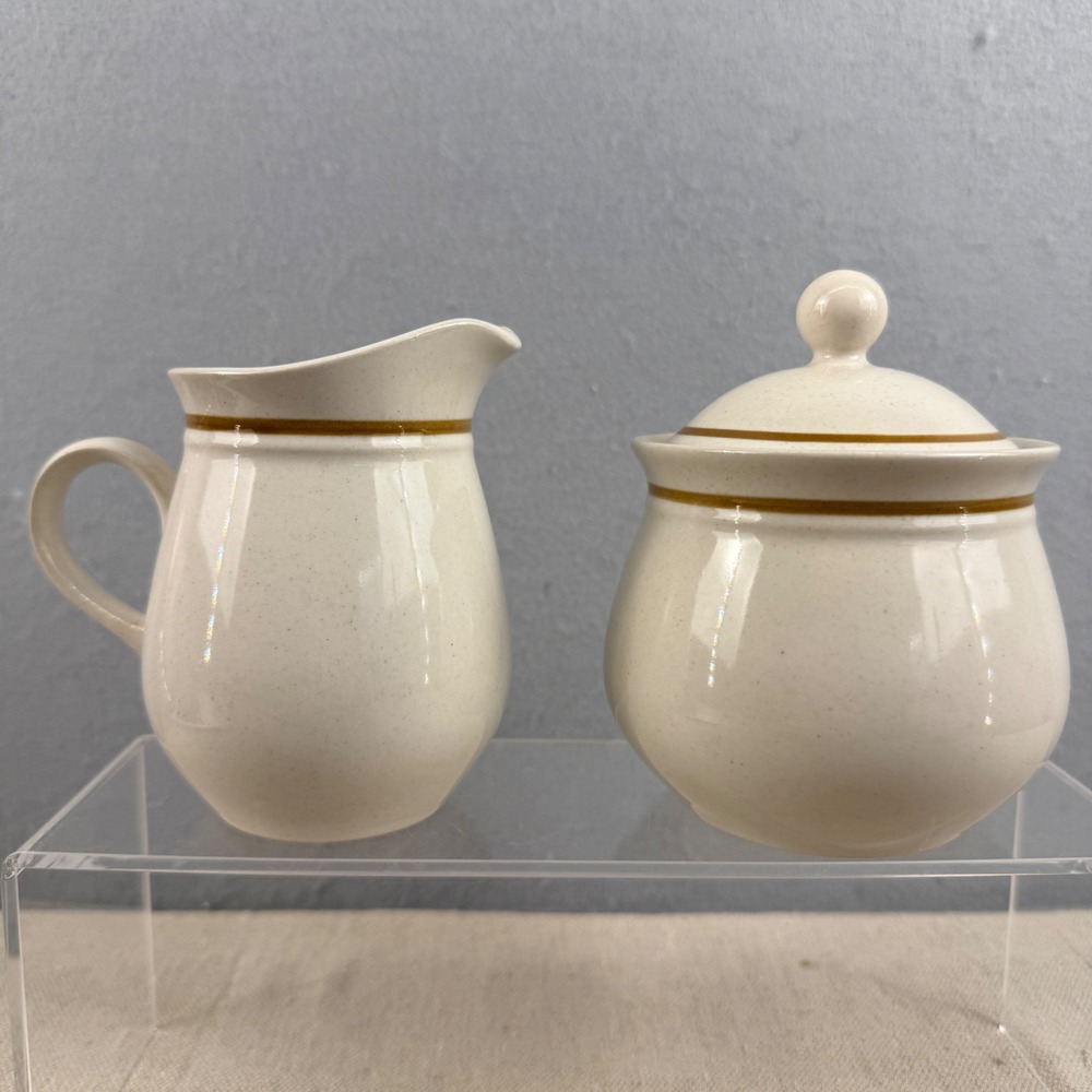 Vintage Kingsbury Stoneware Cream and Sugar Set Japan Speckled Brown Band